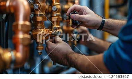 hands expertly connecting copper refrigerant lines in a mechanical setting hands expertly connecting copper refrigerant lines in a mechanical setting 124563837