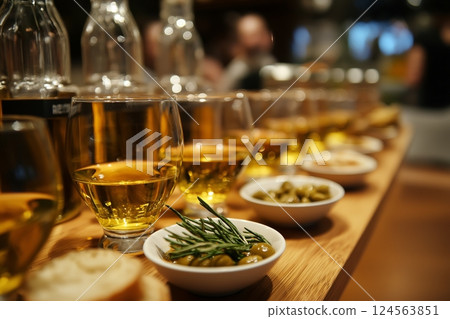 Olive oil tasting event with elegant glassware, breadsticks, and small bowls 124563851
