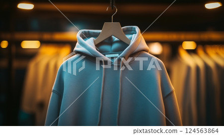 Display of a cozy gray hoodie in a clothing store during the evening 124563864