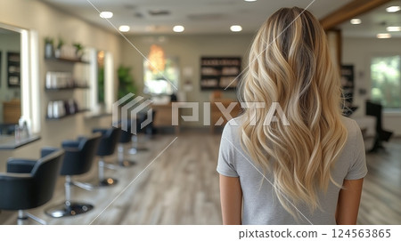 Stylish hair salon interior with customer showing off long hair 124563865