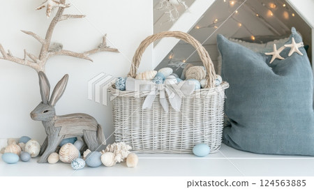 Coastal style Easter decor featuring a wicker basket filled with eggs, seashells, and a charming Easter bunny for beach house inspiration 124563885