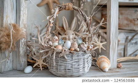 Coastal style Easter basket featuring an adorable Easter bunny and seashells, perfect for beach house decor with nautical and sea inspired elements 124563886