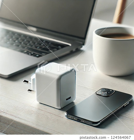 配有 USB-C 充電器和智慧型手機的簡易桌子 124564067