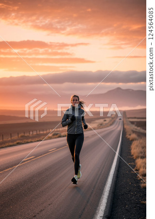 Runner Enjoys Early Morning Jog on Secluded Road With Stunning Sunrise Backdrop 124564085