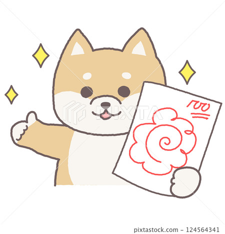一隻可愛的柴犬角色，展示一張 100 分滿分的考試成績，並擺出漂亮的姿勢 124564341