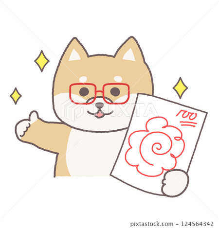 A cute Shiba Inu teacher character showing a test with 100 points and a perfect score and making a good pose A cute Shiba Inu teacher character showing a test with 100 points and a perfect score and making a good pose 124564342