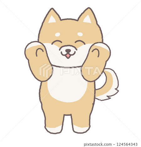 A cute Shiba Inu puppy smiling and raising his arms in the air - A cute and relaxed illustration A cute Shiba Inu puppy smiling and raising his arms in the air - A cute and relaxed illustration 124564343