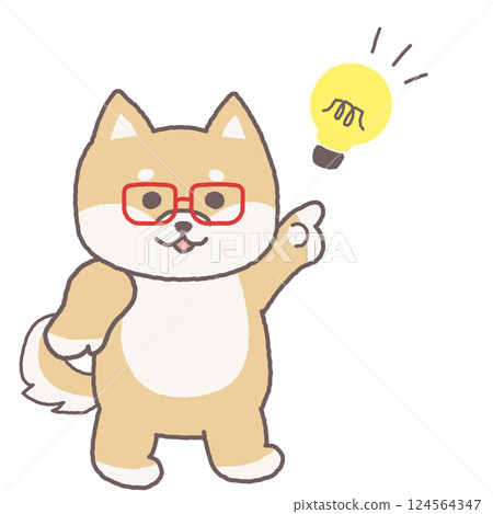 Illustration of a Shiba Inu wearing glasses and a light bulb flashing in a point pose 124564347
