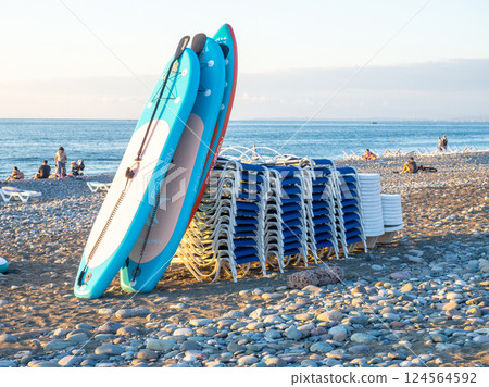 Boards for swimming. Equipment rental on the beach. resort business. Boards for swimming. Equipment rental on the beach. resort business. 124564592