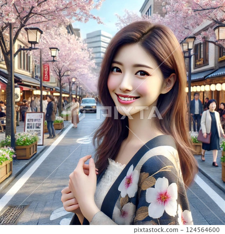 Create a scene of a person smiling while walking along a bustling shopping street under rows of cherry blossom trees 124564600