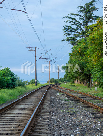 Railroad on the outskirts of the city. Road for electric transport among the trees. Sleepers and rails. Concept of path and destiny. Railroad on the outskirts of the city. Road for electric transport among the trees. Sleepers and rails. Concept of path and destiny. 124564843