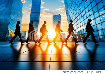 Group of Professionals Walking on City Street at Sunset with Modern Skyscrapers in Background 124564896