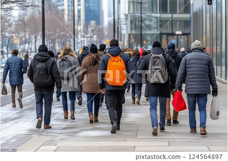 Crowd of People Walking on City Street in Urban Environment During Daytime with Cool Weather 124564897