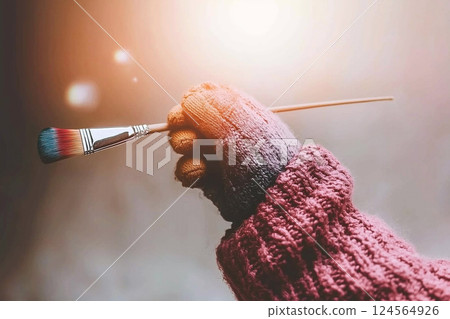 Creative Individual Wearing Safety Gloves Holding a Paint Brush for Artistic Expression 124564926