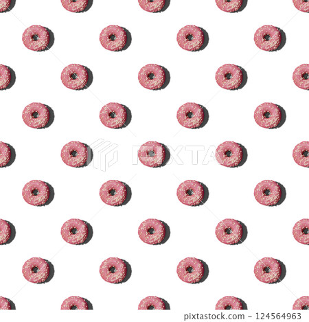 Seamless pattern with pink donuts on white to change background color. Hard shadow 124564963