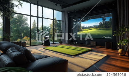 Modern living room with large screen displaying a golf course setting Modern living room with large screen displaying a golf course setting 124565036