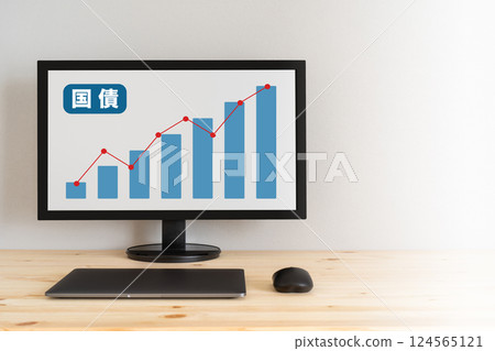 A screen showing the word "government bonds" and a rising graph 124565121