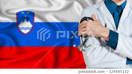 Doctor with stethoscope on Slovenia flag. Doctor holding stethoscope on Slovenia flag Doctor with stethoscope on Slovenia flag. Doctor holding stethoscope on Slovenia flag 124565132