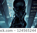 An all-black android woman stands on top of a skyscraper and stares out at us. An all-black android woman stands on top of a skyscraper and stares out at us. 124565244