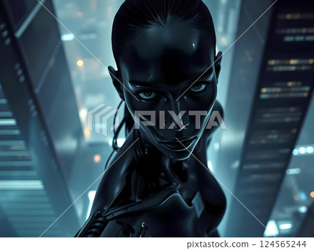 An all-black android woman stands on top of a skyscraper and stares out at us. An all-black android woman stands on top of a skyscraper and stares out at us. 124565244
