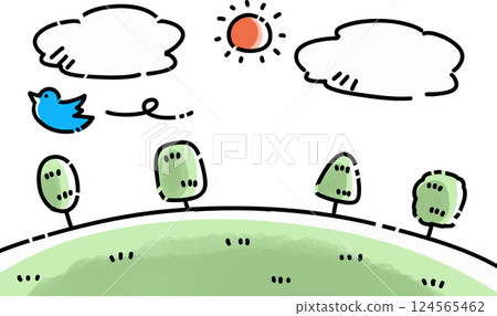 簡單的自然景觀插圖與飛翔的藍鳥 124565462
