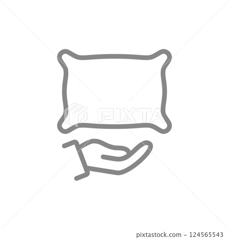 Hand holding pillow line icon. Comfortable fluffy pillow symbol. Vector illustration. 124565543