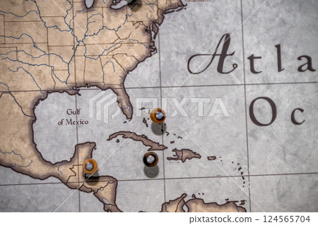 Selective focus on the Gulf of Mexico on a map of North America Selective focus on the Gulf of Mexico on a map of North America 124565704