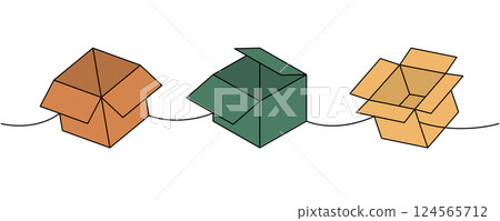 Package boxes one line colored continuous drawing. Carton delivery boxes. Vector illustration. 124565712