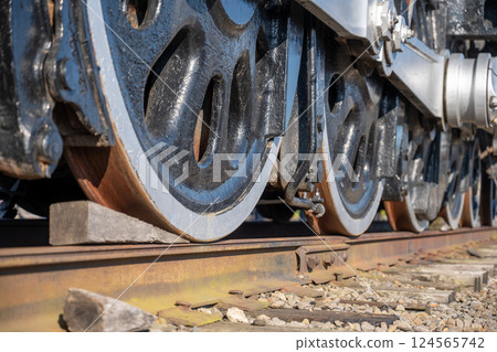 Selective focus on a Chalked railroad wheelsets to stop motion on a track 124565742