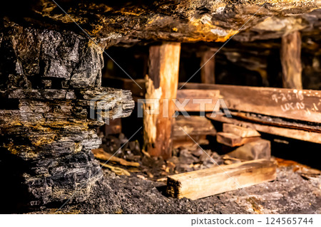 Selective focus on anthracite coal on a conveyer belt with defocused group in the Lackawanna Coal Mine Tour at McDade Park. 124565744