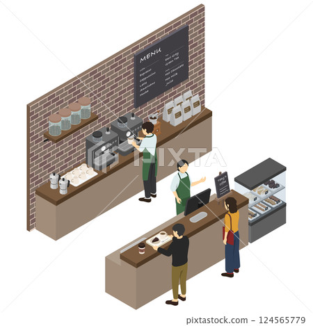 等距插圖：咖啡廳工作人員與咖啡廳櫃檯 124565779