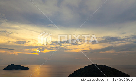 aerial view of stunning sunset above Ko Pachumba Surin Islands 124565860