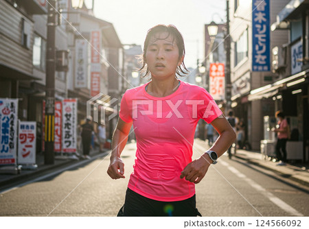 A female runner running hard while sweating 124566092