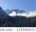 Snow-Capped Mountain Peaks with Misty Forest  124566415