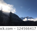 Snowy Mountain Peaks with Mist and Blue Sky  124566417