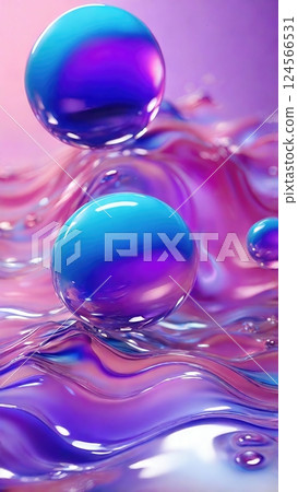 Two Shiny Blue and Purple Spheres Floating on a Beautiful Reflective Surface with Wave-Like Patterns 124566531