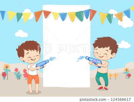 Cute Songkran water play with blank space for text 124566617