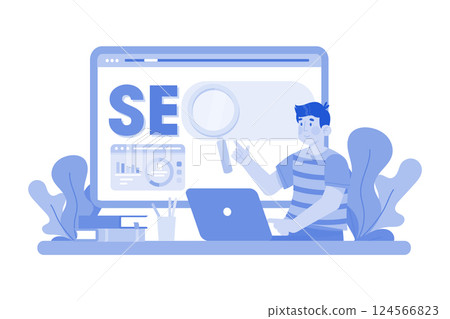 Digital marketer crafting SEO strategy for new website. 124566823