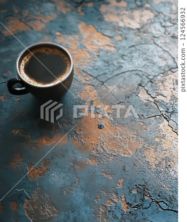 在有刮痕和污垢的桌子上喝咖啡 124566932