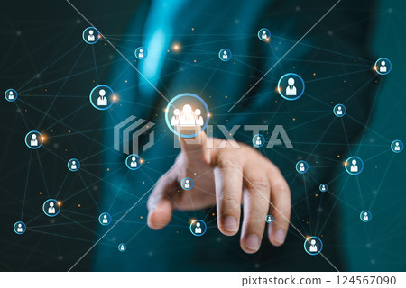 Human resources (HR) management, recruitment, employment, and headhunting concept. Social network interface businessman touch button sign. Human resource concept. Teamwork solution network. 124567090