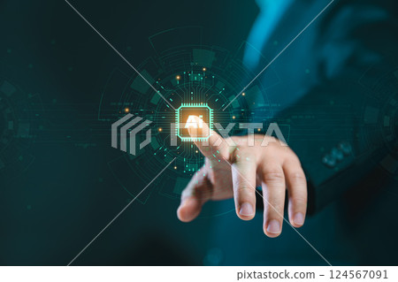 Humans are using technology, smart robot AI circuit boards, and entering a command prompt to generate something: futuristic technology. Business people working with artificial intelligence. 124567091
