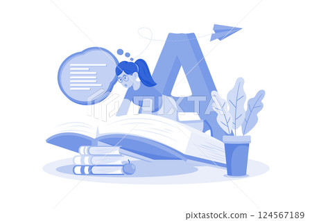 Child reads book to improve reading skills. 124567189