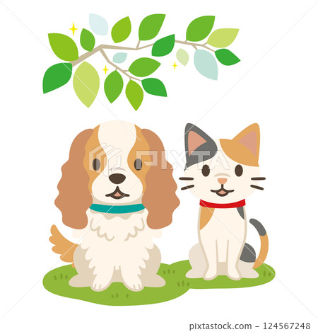 Illustration of fresh summer greenery and dogs and cats 124567248