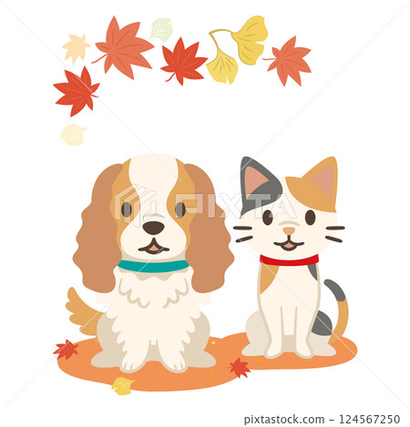 Illustration of autumn leaves and a dog and cat 124567250
