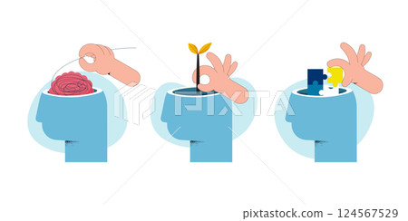 Mental health concept, psychological problem. Human head with jigsaw, plants, brain confused. Flat Vector illustration. Mental health concept, psychological problem. Human head with jigsaw, plants, brain confused. Flat Vector illustration. 124567529