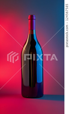 a bottle of red wine is sitting on a red and blue background 124567585