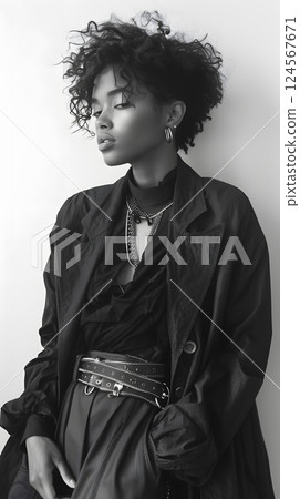 Black and white photo of a woman in vintage trench coat 124567671