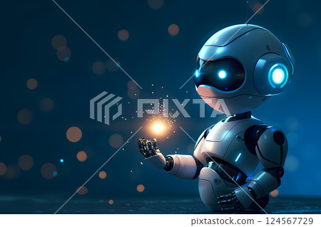 A robot holding an electric blue light showcases a futuristic gesture 124567729