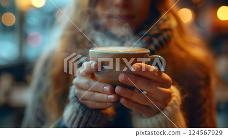 A womans hand gracefully holds a cup of coffee at the event 124567929