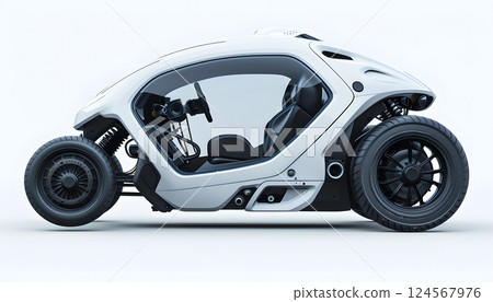 Threewheeled white motorcycle with steering wheel on white background 124567976